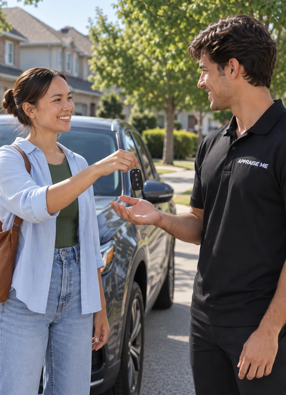 An Appraise Me representative handing keys back to a seller in a residential driveway