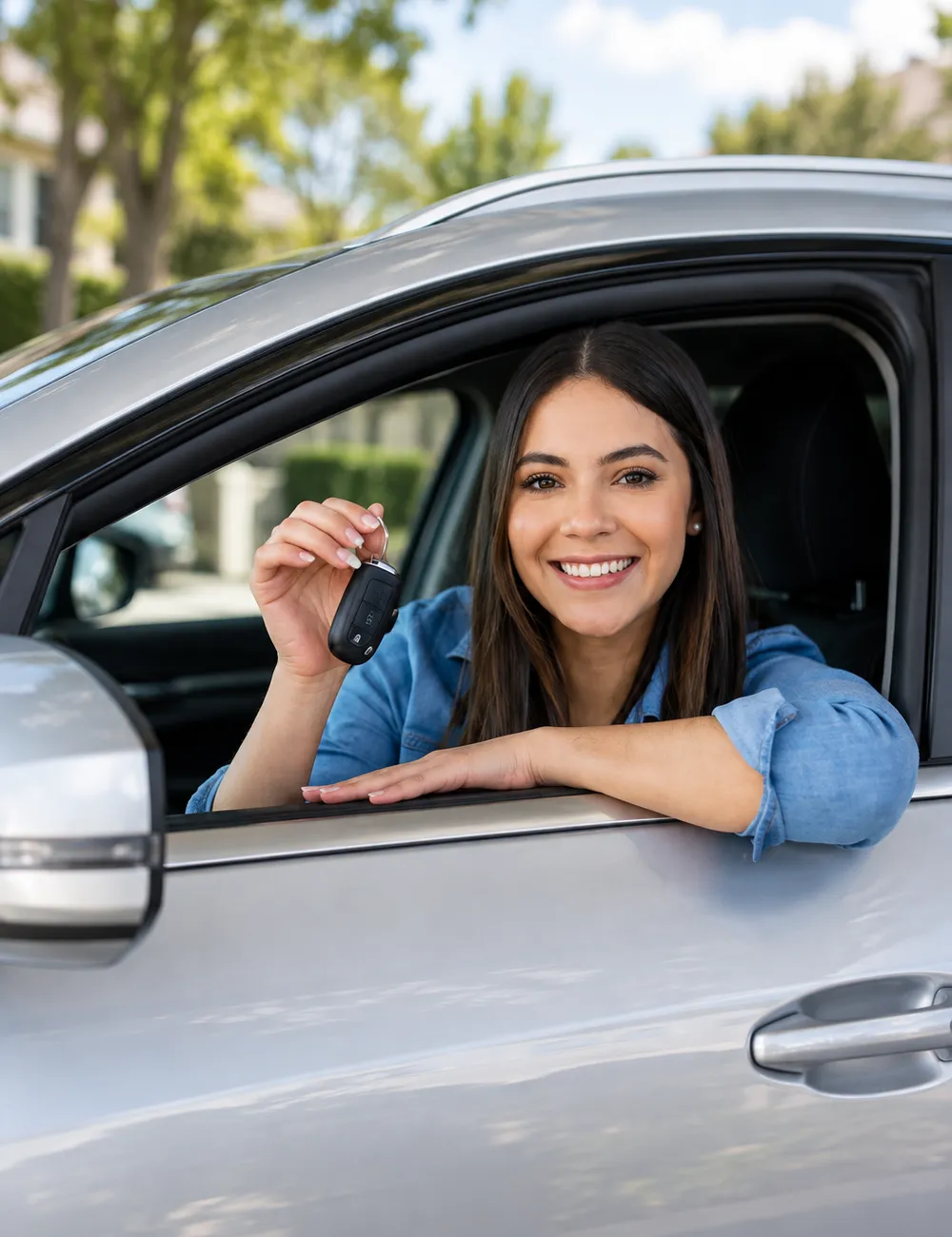 A smiling woman leaning out of her car window holding her car keys