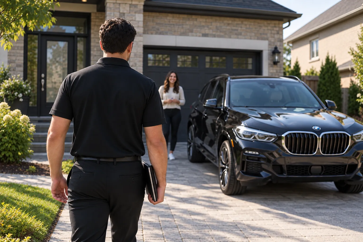 An Appraise Me representative walking up a residential driveway to meet a customer beside their black BMW SUV