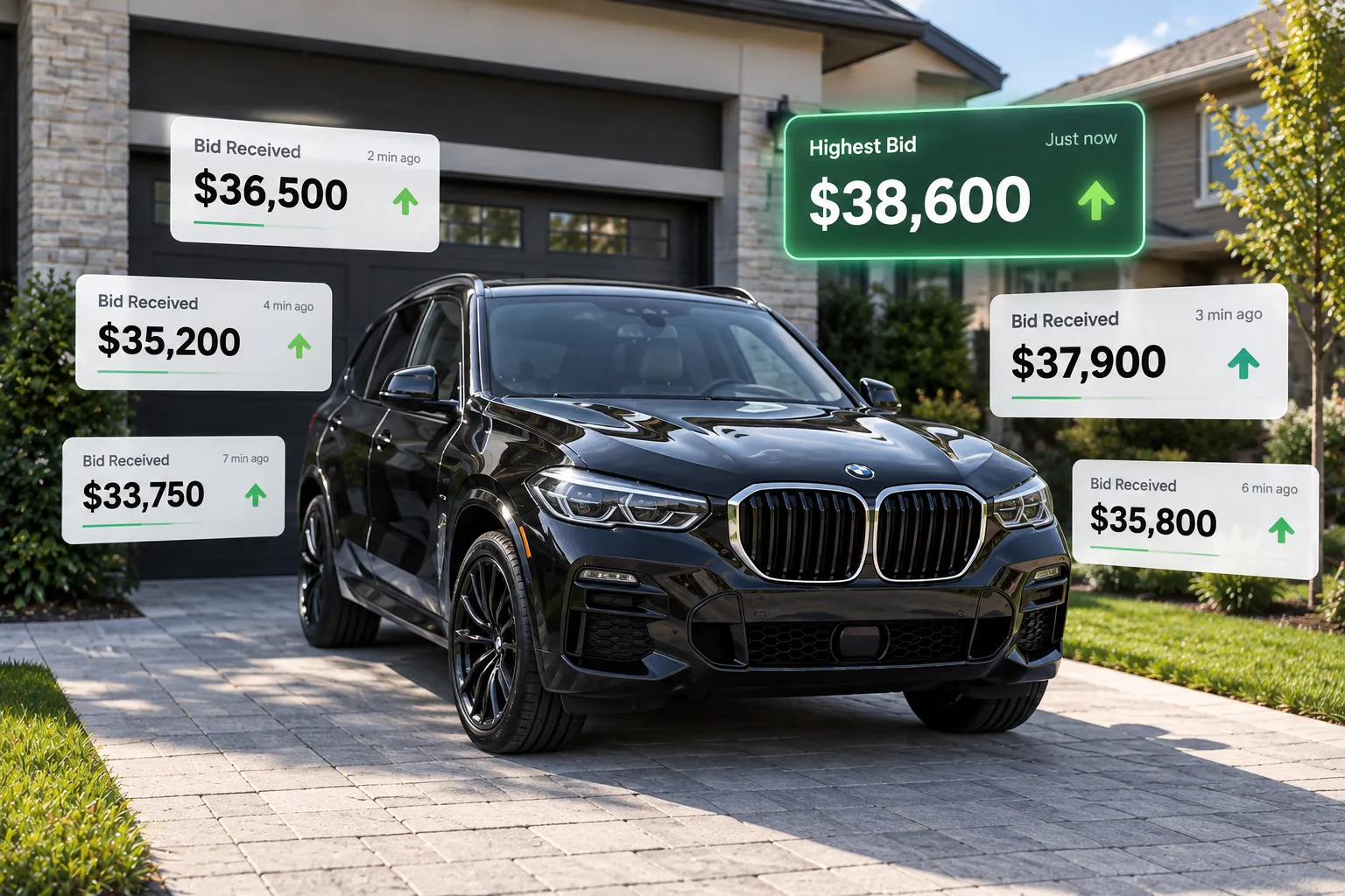 Competing dealer bids appearing around a black BMW SUV parked in a driveway, with the highest bid highlighted