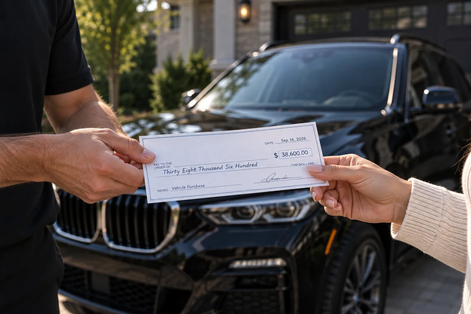 The buying dealer handing the seller a cheque for the vehicle purchase in front of the sold BMW SUV